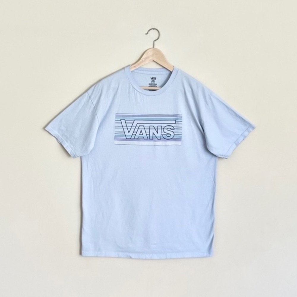 Vans Classic Retro Stripe Logo Light Blue T Shirt Adult size Large